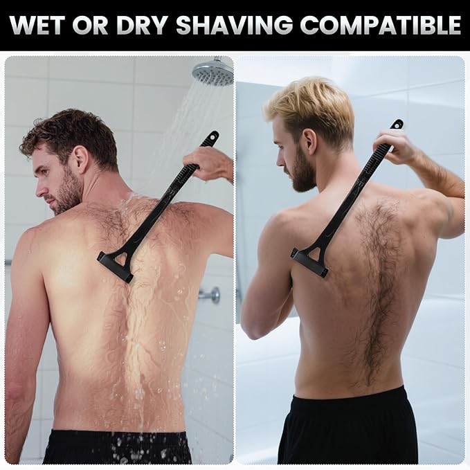 Back Shaver for Men with Foldable Long Handle, Premium Stainless Steel Body & Back Hair Trimmer, Portable Ergonomic Razor Groomer for Men, Replaceable Safety Blades, Wet or Dry Use Smooth Hair Removal
