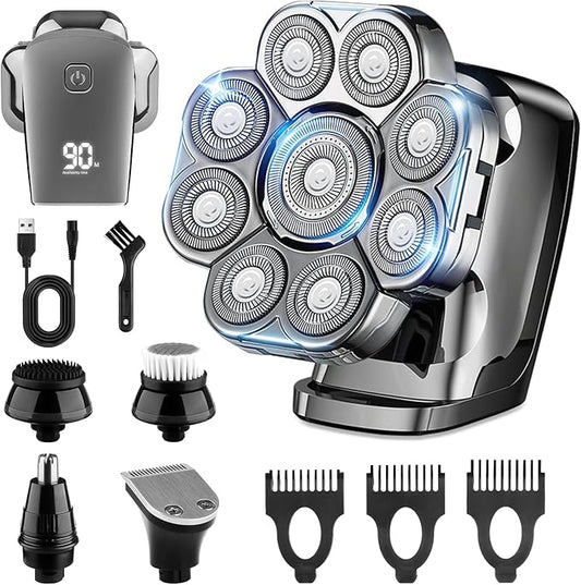 9D Head Shaver for Bald Men, 5-in-1 Electric Razor for Men with Nose Hair Trimmer, Cordless Rechargeable & Waterproof Bald Head Shavers for Wet/Dry with Large Battery, LED Display