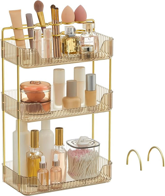 SONGMICS Makeup Organizer, 3-Tier Skincare Organizer Countertop, Customizable, 2 Types of Accessories, Jewelry Holder, for Vanity, Bedroom, Bathroom, Champagne Gold UJKA013A01