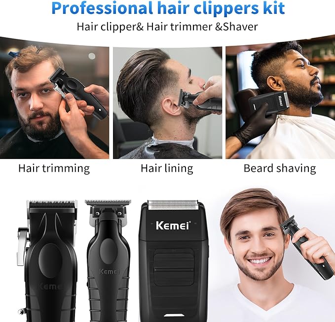KEMEI Professional Hair Clipper, Hair Trimmer, Beard Shaver Set for Men, Electric Cordless Barber Clipper Beard Trimmer, Rechargeable Fade Clipper Haircutting Kit, KM-2299, KM-2296, KM-1102
