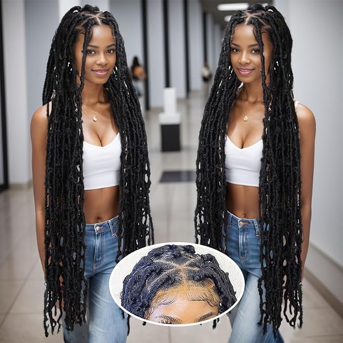 45 inch Butterfly Locs Wig, Extra Long Knotless Big Triangle Part Full Double Lace DistressedLocs Wigs, Butterfly Faux Locs Wigs Pre-Plucked with Baby Hair