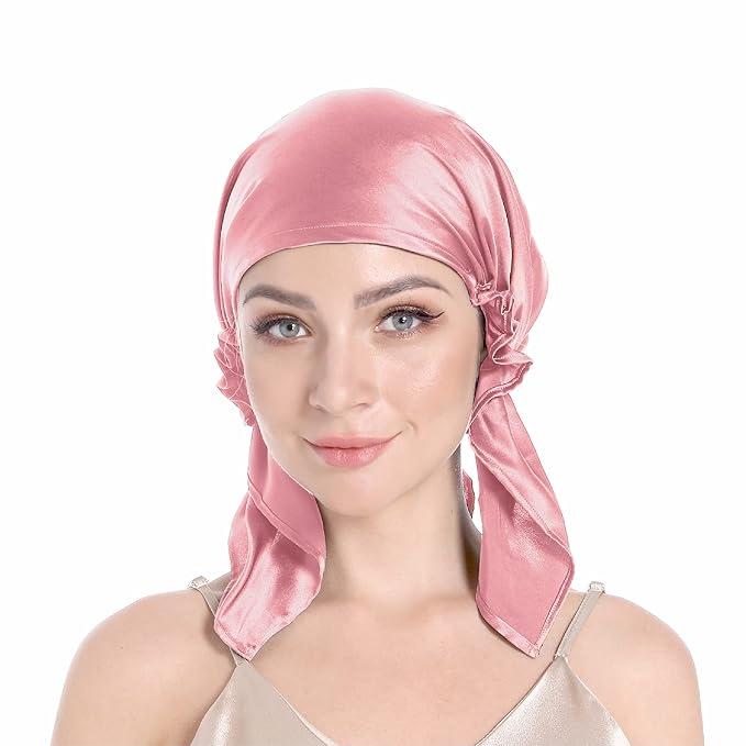 100 percent Silk Bonnet for Sleeping, Hair Bonnet with Tie Band, Large Silk Sleep Cap for Curly Hair, Silk Hair Wrap for Hair Care (Rose Pink), One Size