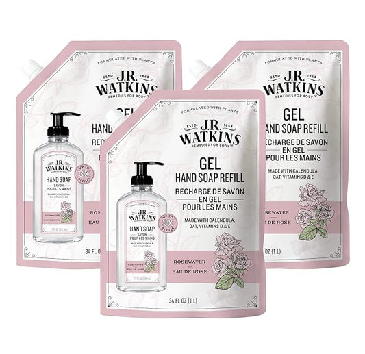 J.R. Watkins Gel Hand Soap Refill, Moisturizing Hand Wash, All Natural, Alcohol-Free, Cruelty-Free, USA Made, Rosewater, 34 Fl Oz, 3 Pack