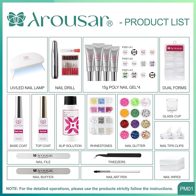 Poly Nail Gel Kit, 15ml*4pcs Nail Extension Gel, Clear White Builder Nail Gel with Top and Base Coat, Slip Solution, Nail Lamp&Drill, DIY Salon at Home for Beginner and Professional