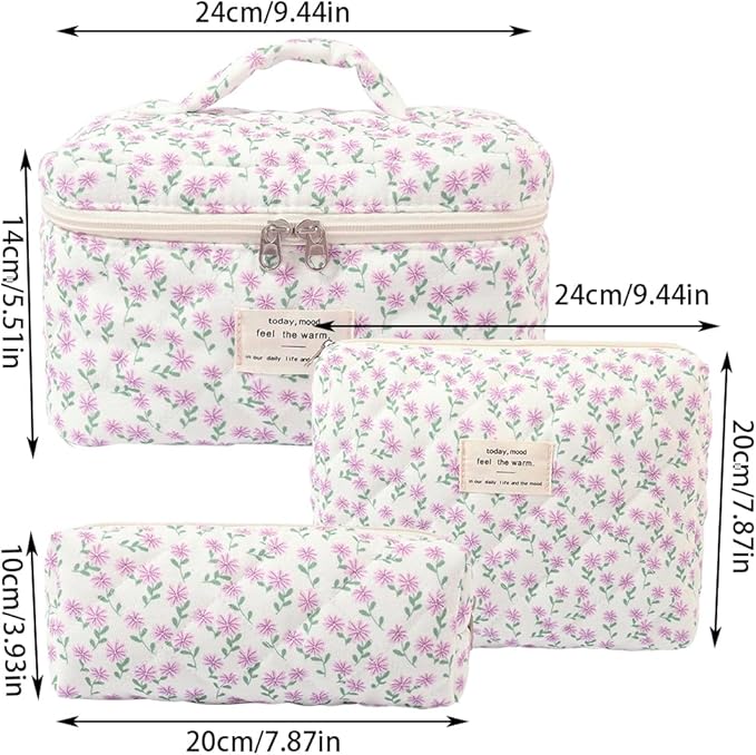 Makeup Bag, 3 PCS Quilted Makeup Bag, Cute Floral Cotton Cosmetic Bag set, Coquette Makeup Pouch Large Travel Toiletry Bag