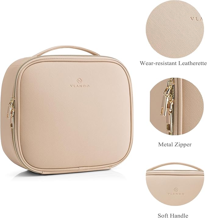 Vlando Toiletry Bag, Large Wash Bag, Travel Cosmetic Make-up Bag, Multi-compartment with Dividers for Cosmetics Makeup Brushes Toiletry Jewelry Accessories (Milk Tea, Large)