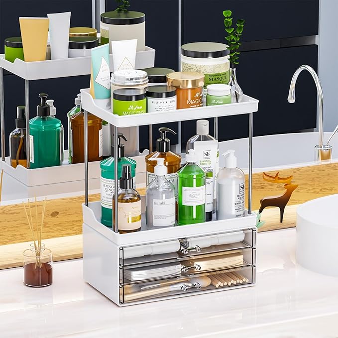 2 Pack Bathroom Organizers and Storage Countertop With 6 Drawers,Stackable Vanity Drawer Organizer,14.4" Tall Large Capacity Skin Care Organizer and Exquisite Cosmetic Storage Box,White