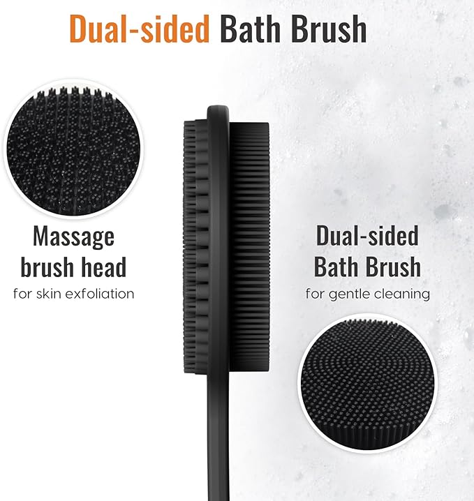 VWMYQ Silicone Back Scrubber for Shower, Silicone Face Scrubber for Men,17in Lengthen Long Handle Body Brush, Double Sided Shower Brush for Shower Exfoliating and Massage, Back Scrubber for Men