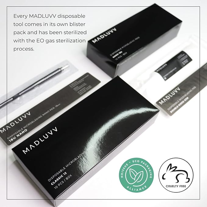 MADLUVV Nano 18u Professional Brow Artistry Pens for Flawless Eyebrows, Premium Pens for Pigment Ink, 18mm Sterile Disposable Micro Brow Sharp – 10 Pack