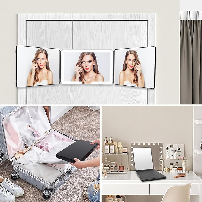 JANMPASK LED 3 Way Mirror for Hair Cutting, Adjustable 360 Trifold Barber Mirror Self Hair Cutting with 3 Color Temps LED Light & Telescoping Hooks for Makeup, Shaving & Styling