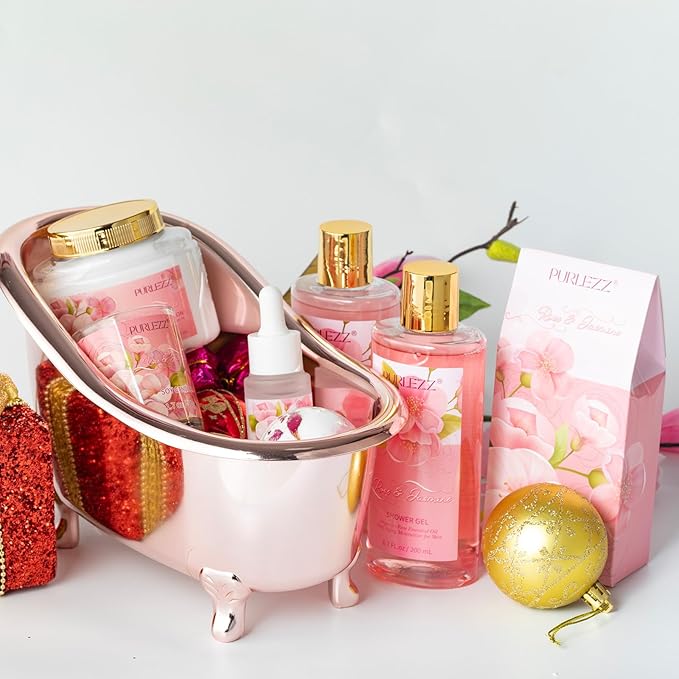 Rose & Jasmine Floral Luxury Bath & Body Gifts - Spa Basket with Body Lotion, Soy Candle - Home Bath Gift Set for Women