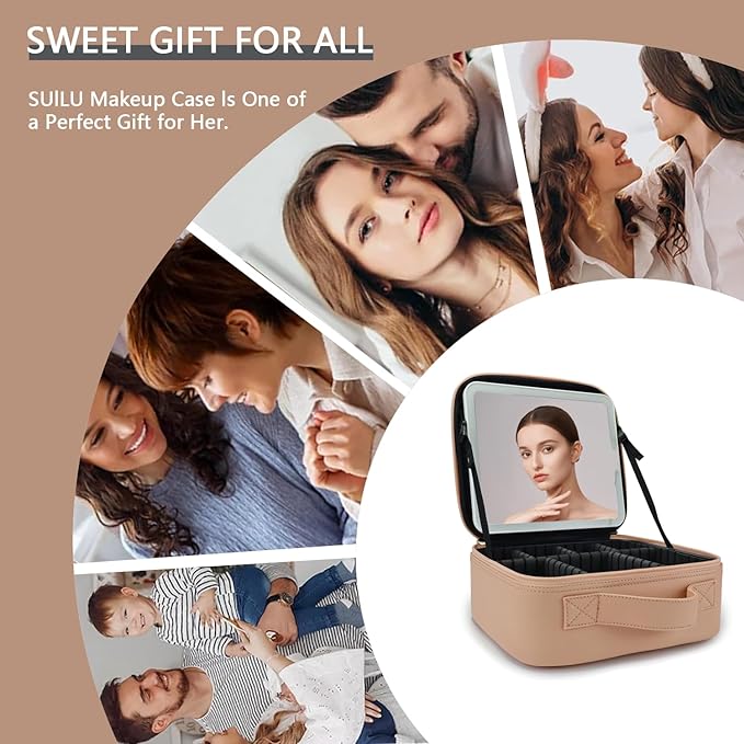 Travel Makeup Bag with LED Lighted Mirror,Cosmetics Organizer, Makeup Bag with 3 Color Lighted Setting, Portable Storage and Adjustable Dividers Travel Makeup Bag(khaki)