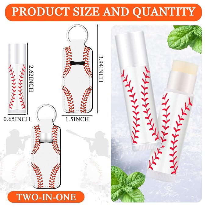 18 Sets Party Favors Lip Balm and Lipstick Holder Keychain Bulk Sport Ball Team Gifts Natural Moisturizing Lip Balm Keychains Pouch for Team Gifts Sports Party Supplies(Baseball)