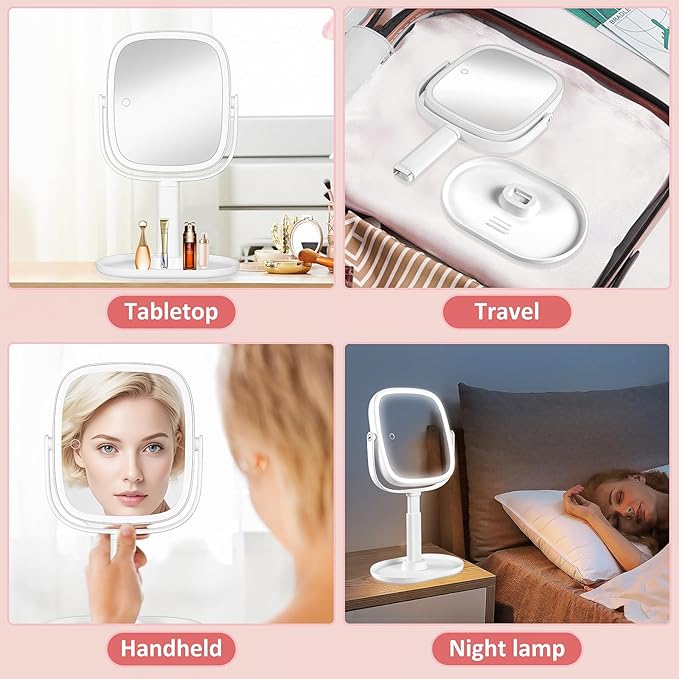 Lighted Makeup Mirror, Height Adjustable 1x/7x Magnifying Vanity Mirror, 2600mAh Rechargeable Makeup Mirror with Lights 3 Color, Double Sided 360° Rotation Desk Travel Mirror, Gifts for Women