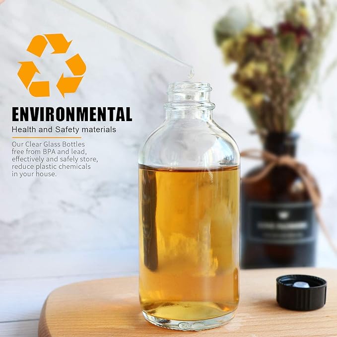 8oz Clear Glass Bottle, Reusable Glass Bottles with Airtight Lid for Shampoo, Conditioner, Essential Oils, Set of 20 (Clear)