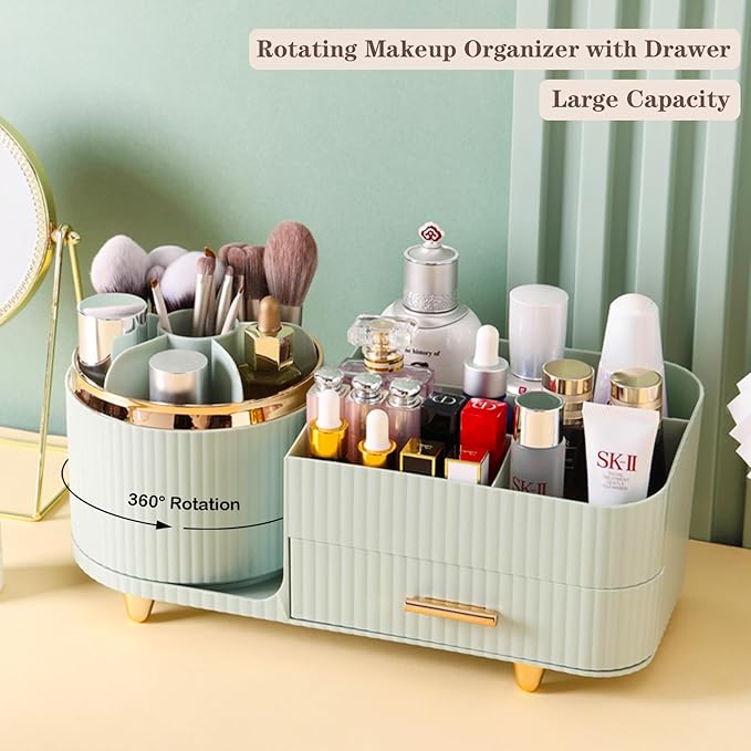 Rotating Makeup Organizer for Vanity with Brush Holder and Drawer, Cosmetic Makeup Storage, Large Spinning Makeup Skincare Organizer, Countertop Makeup Perfume Organizer, Lotions Display Case (Green)