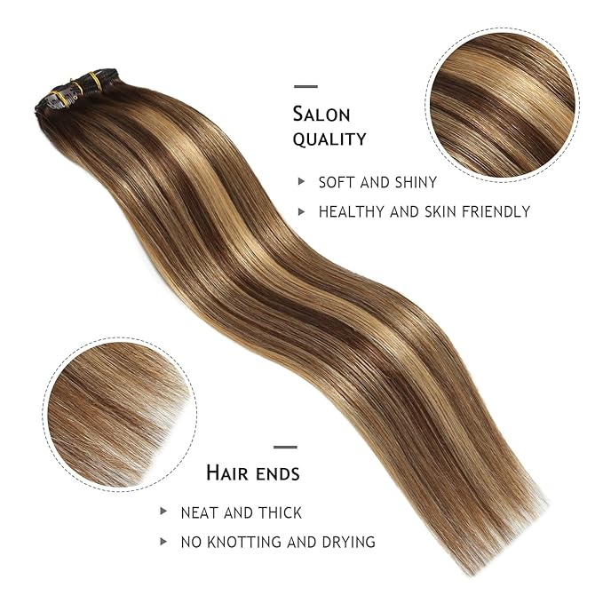 YILITE Clip in Hair Extensions Real Human Hair #P4-27-T4 Balayage Chocolate Brown to Caramel Blonde Straight Thick Invisible Remy Natural Hair Double Weft 20inches 8Pcs/Pack 120g
