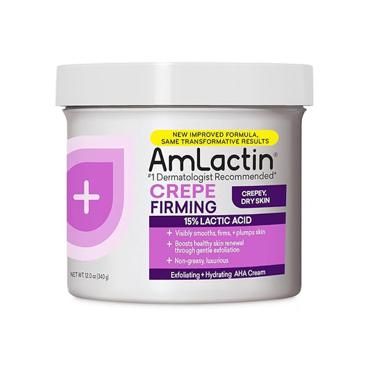 AmLactin Crepe Firming Cream - 12 oz Body Cream with 15% Lactic Acid - Exfoliator and Moisturizer for Crepey, Dry Skin (Packaging May Vary)