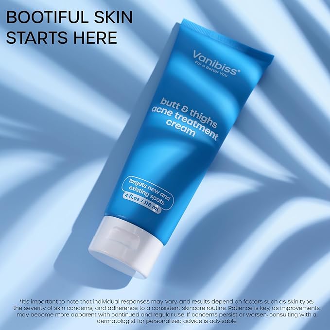 Vanibiss Butt & Thighs Acne Treatment Cream - Reduce Bum Acne, Pimples & Zits - Clearing Acne Lotion for Buttocks - 2% Salicylic Acid for Acne Prone Skin (4oz)