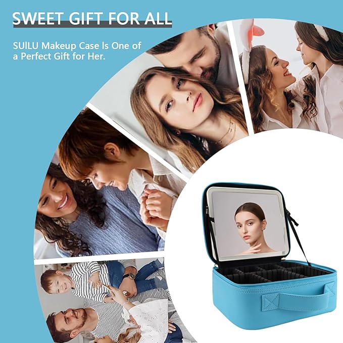 Travel Makeup Bag with LED Lighted Mirror,Cosmetics Organizer, Makeup Bag with 3 Color Lighted Setting, Portable Storage and Adjustable Dividers Travel Makeup Bag(blue)