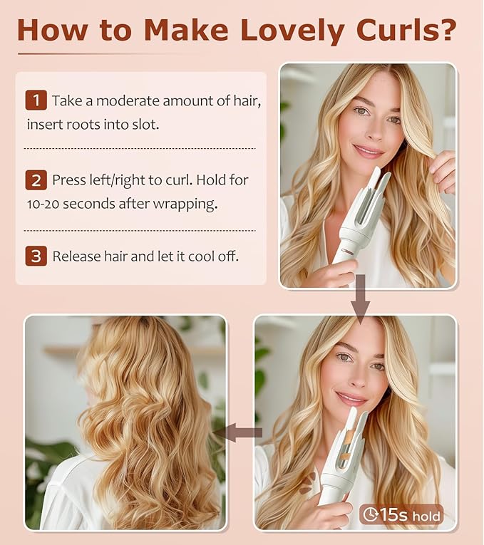 Auto Hair Curler, Automatic Curling Iron with 4 Temperature & 3 Timer, Automatic Shut-Off, Anti-Scald, Anti-Tangle Rotating Curling Wand for Hair Styling, White