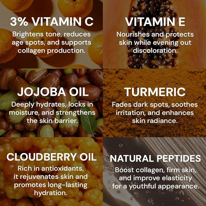 Gleamin Brightening Face Oil with Vitamin C, Vitamin E, Jojoba Oil, Cloudberry, Peptides & Turmeric – Hydrating, Skin Firming Oil for Dull Skin & Dark Spots | Fragrance-Free Facial Oil, 1 fl