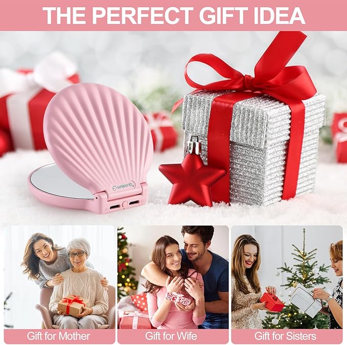 Shell Travel Mirror with Lights and 10x / 2X Magnification, Mini Makeup Mirror LED Lighted, Dimmable, Rechargeable Compact Mirror for Pocket, Patented Design Gifts for Mom/Daughter (Pink Electric)