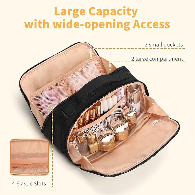 OCHEAL Travel Makeup Bag - Wide Open Cosmetic Bag for Women Make up with Two Compartments, Portable Lightweight Roomy Organizer Toiletry Bag for Girls Skincare tools Accessories-Black