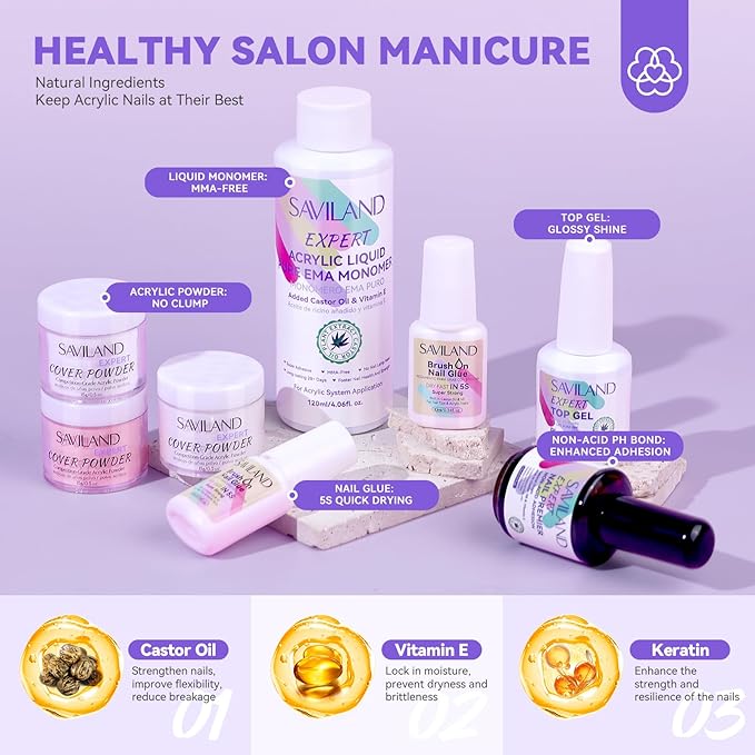SAVILAND Acrylic Nail Kit: Nail Kit Set Professional Acrylic with Everything Arm Rest Primer Nail Drill Remover Strengthener Cream Full Tools for Beginners Salon Manicurist