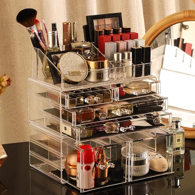 Cq acrylic 3 Pack Clear Makeup Storage Organizer,Stackable 6 Drawers Make Up Organizers,Cute Desk Organizer for Vanity Jewelry,Hair Clip,Beauty,Skincare Product Bathroom Counter Organizers and Storage