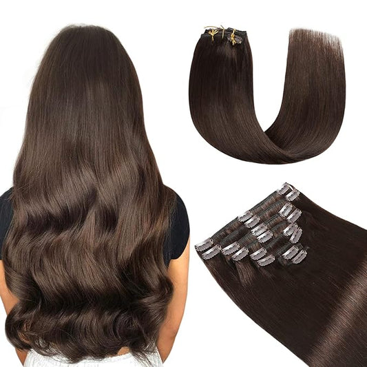 YILITE Hair Extensions Clip in Remy Human Hair 100% Real Human Hair Darkest Brown 8Pcs/Pack 110g Natural Silky Double Weft Straight Thick Clip in Hair Extensions for Women (14inches #2 Darkest Brown)