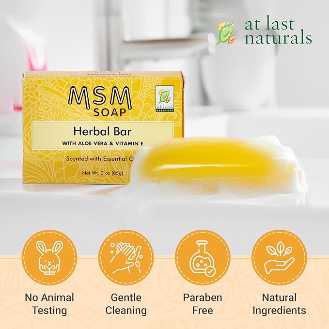 At Last Naturals MSM Soap Bar Body Soap for Women Fine Line and Wrinkle Reduction Herbal Moisturizer with Aloe Vera Vitamin E and Essential Oils Deep Cleansing for Sensitive Skin 3 Ounce (Pack of 1)