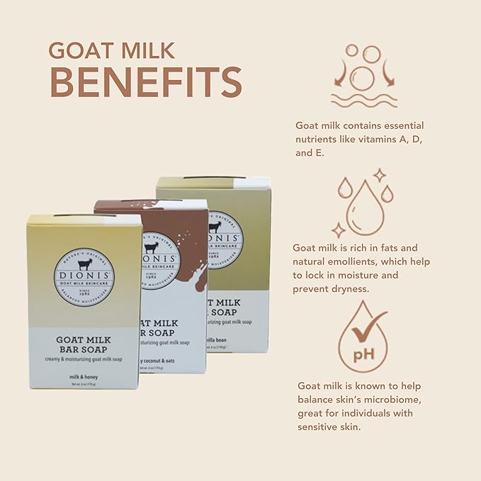 Dionis Goat Milk Skincare Bar Hand Soap, Shea Butter & Olive Oil Nourish, Moisturize, & Restore, For All Skin Types, Non Greasy, No Residue, Warm & Sweet Scents, Gift Set Bundle Of 3 Moisturizing Bars