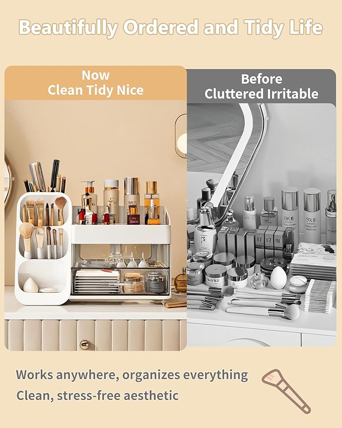 Makeup Organizer with Drawers, Skincare Organizer (Large Size Thick), Storage Box Cosmetic Display Cases, Make up Organizers for Vanity, Dresser, Desk, Kitchen, Countertop (White)