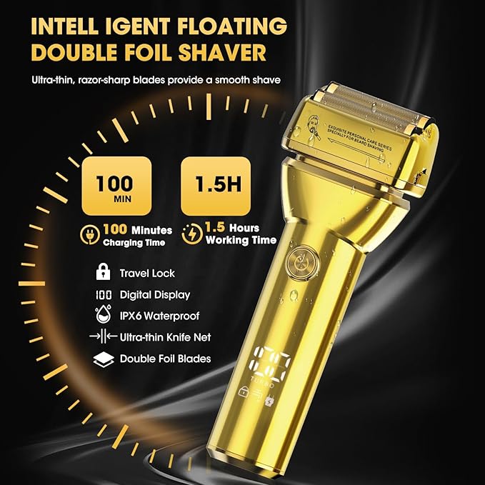 4-in-1 Hair Clippers for Men, Professional Cordless Barber Hair Cutting Kit, T-Blade Trimmer, Electric Foil Shaver, Nose Hair Trimmer, LCD Display, Grooming Gift Set (Gold)