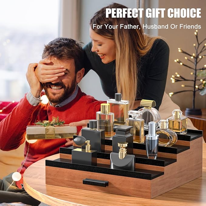 Sephyroth Cologne Organizer for Men – 4 Tier Perfume Display with Hidden Storage & Drawer, Elegant Perfume Storage Box, Durable Craftsmanship, Great Gift for Man (WalnutBlack)