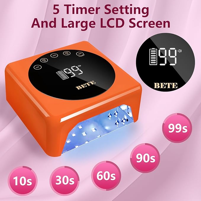 BETE Cordless LED Nail Lamp, 78W Rechargeable UV Nail Light, Intelligent Infrared Sensor and LCD Display Curing Nail Lamp, Portable Nail Dryer Gel Polish Light with 5 Timer Setting Orange