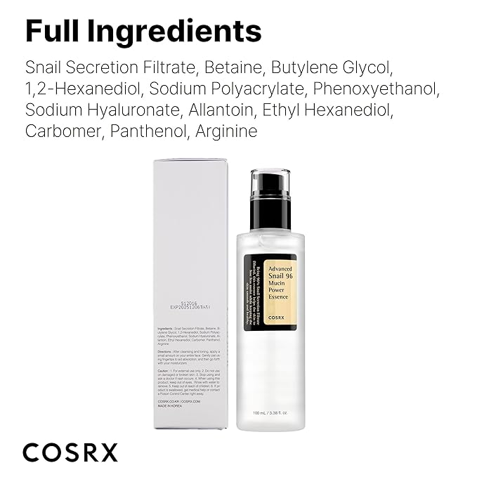 COSRX Snail Mucin 96% Power Repairing Essence 3.38 fl.oz, Hydrating Serum for Face with Snail Secretion Filtrate, Mother day gifts for mom, Korean Skin Care