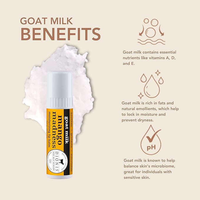 Dionis Goat Milk Skincare Scented Lip Balm, Beeswax, Shea Butter & Coconut Oil Self Care Made in The USA, Cruelty Free, Paraben Free Hydrating Moisturizer for Chapped Lips, Mango Madness, 0.28oz, 6pk