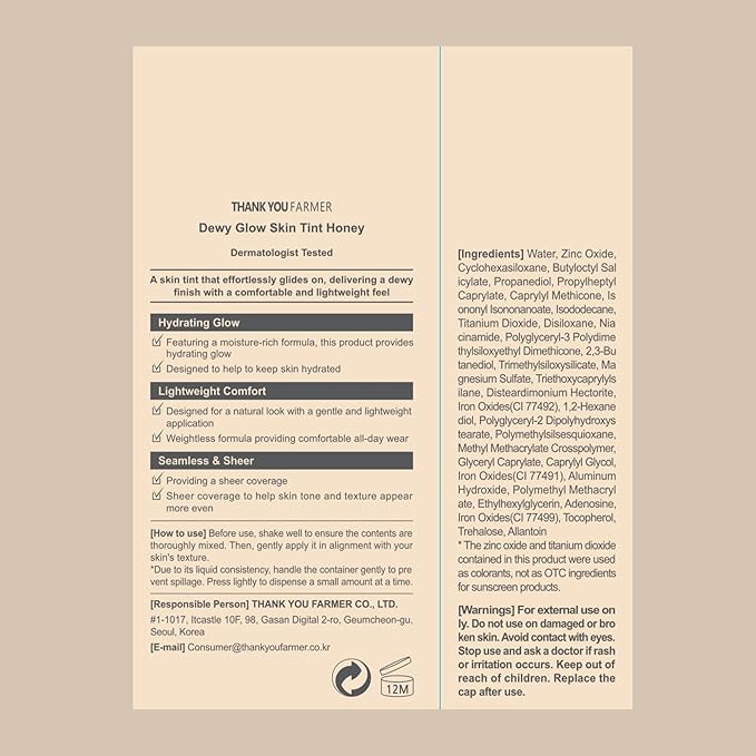 THANK YOU FARMER Dewy Glow Skin Tint, Long-Lasting Tinted Moisturizer, Light coverage, Vitamin B3, Niacinamide, Adenosine, Korean Beauty Makeup Dermatologist Tested, Honey, 1.75 fl oz