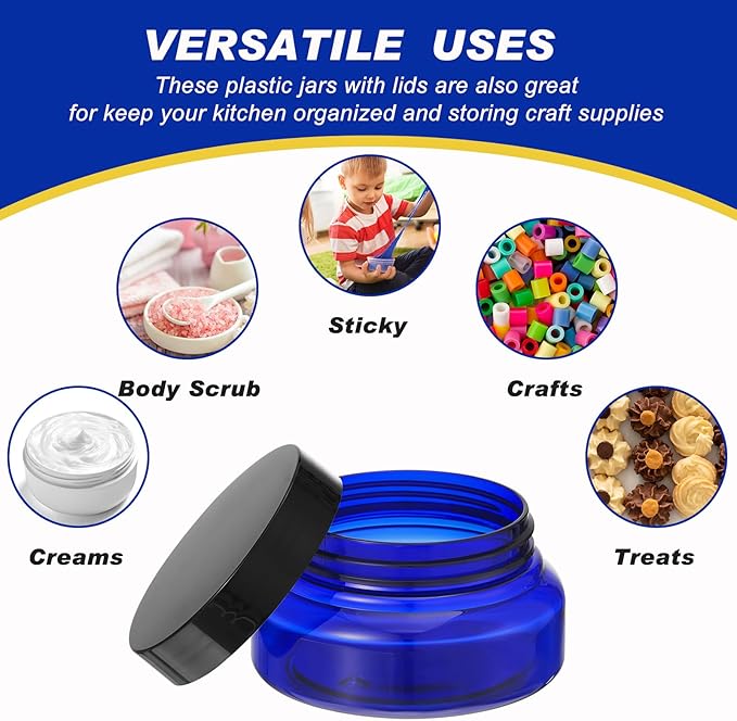 Tessco 24 Pack Plastic Jars with Lids Labels Empty Clear Plastic Jars Round Refillable Cosmetic Containers Body Butter Containers Bulk Sugar Scrub Bottle for Make Up(5 oz,Translucent Blue and Black)