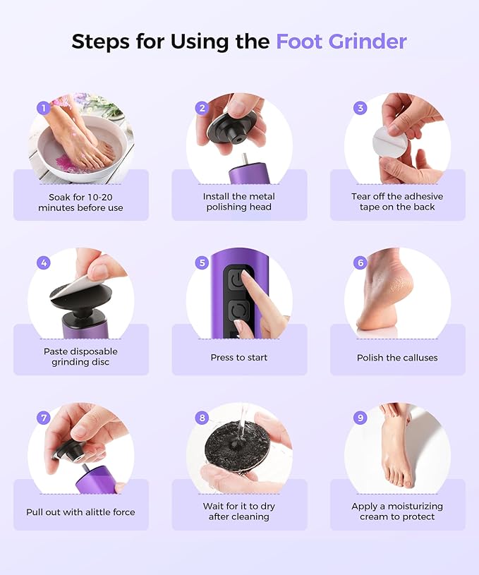 Electric Callus Remover for Feet, Portable 1800mAh Rechargeable, 1-9 Adjustable Speed Settings, Electric Foot File for Stable Pedicure, Nail Care, Home and Travel Use