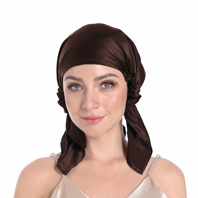 100% Silk Bonnet for Sleeping, Large Silk Sleep Cap with Tie Band for Curly Hair Care - Brown