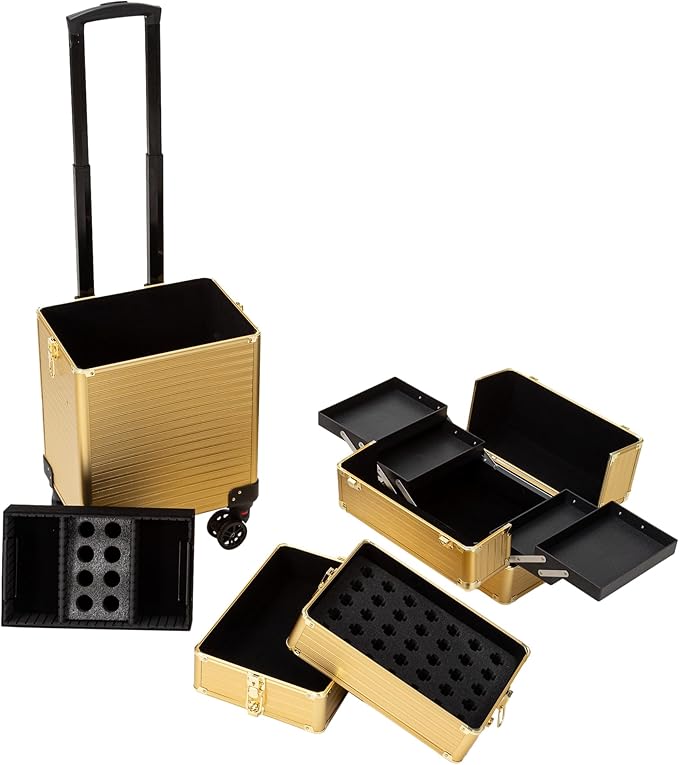 4 in 1 Portable Traveling Aluminum Professional Makeup Trolley Cart with Multiple-Sized Compartments and Wheels (Light gold)