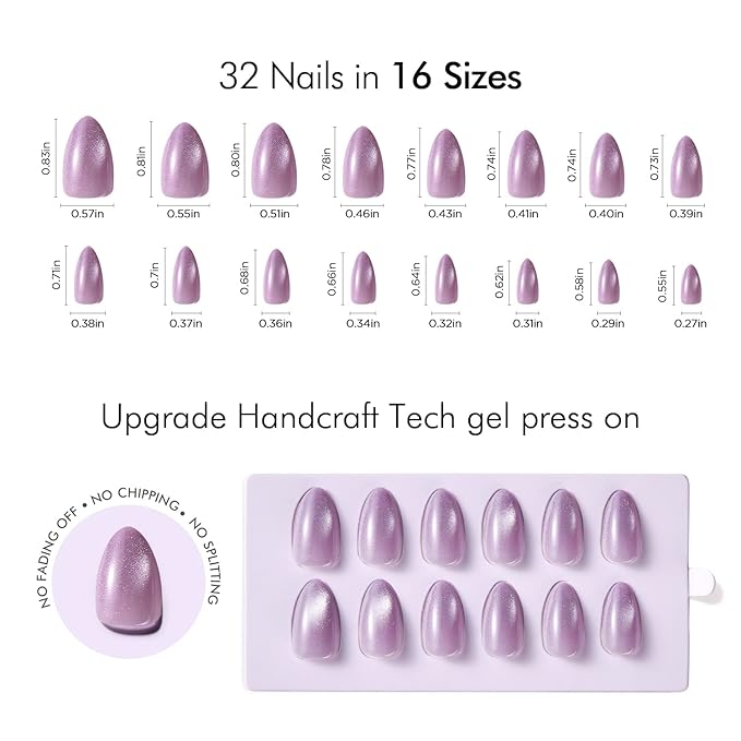 VSALON Short Almond Press-On Nails - Purple Cat Eye Design, Reusable Fake Nails with Nail Glue, Protector Cuticle Oil, Adhesive Tabs & Mini Nail File - 32 PCS in 16 Sizes (Crystal Dawn)