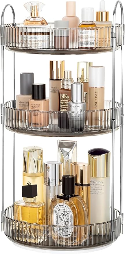 360 Rotating Makeup Organizer Countertop Clear Gray 3 Tier Bathroom Organizer Spinning Perfume Organizers, Skincare Organizers Makeup Carousel Cosmetic Brush Storage