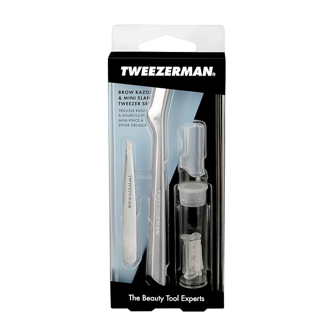 Tweezerman Eyebrow Razor and Mini Tweezer Set with 3 Replacement Blades and Safety Cap (Stainless Steel)
