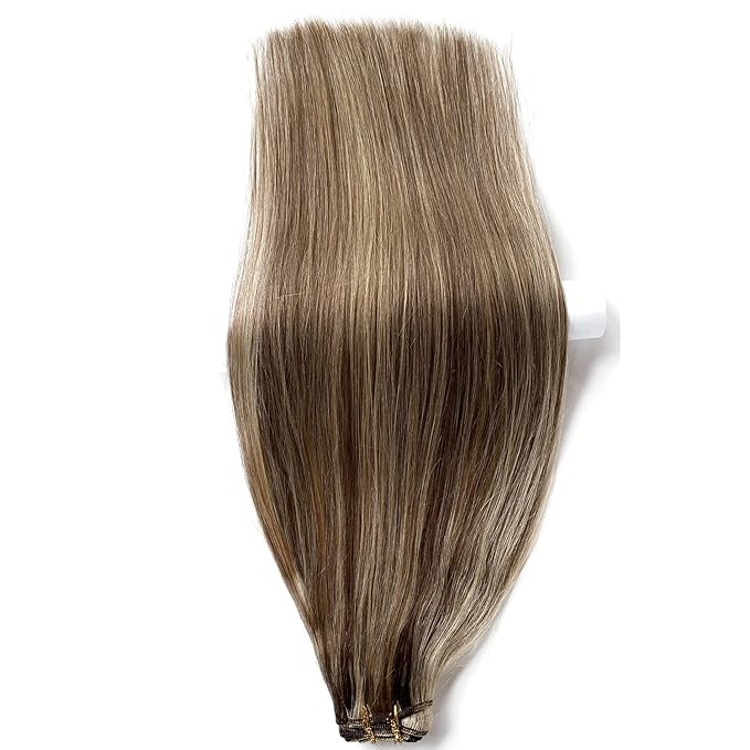 Sew In Real Human Hair Extensions, 20 Inch 100G Weft, Ash Brown Balayage Honey Blonde Highlights, Hand Tied, Remy Human Hair Bundles, Sew In for Women