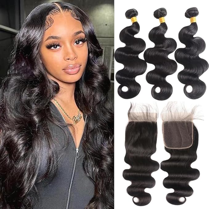12A Human Hair Bundles With Closure(18 20 22+5x5 Lace Closure 16Inch) Body Wave Brazilian Virgin Hair Bundles With 5X5 HD Lace Closure Human Hair Black For Women