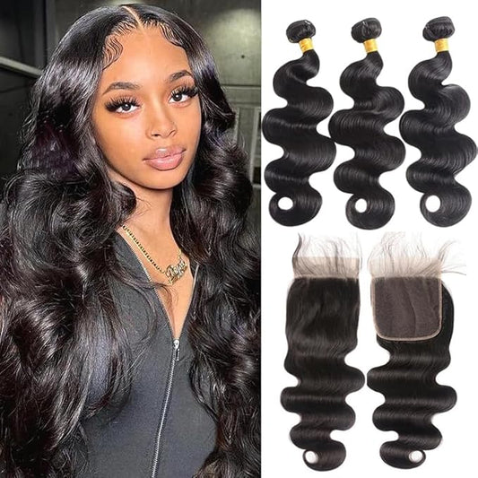 12A Human Hair Bundles With Closure(18 20 22+5x5 Lace Closure 16Inch) Body Wave Brazilian Virgin Hair Bundles With 5X5 HD Lace Closure Human Hair Black For Women